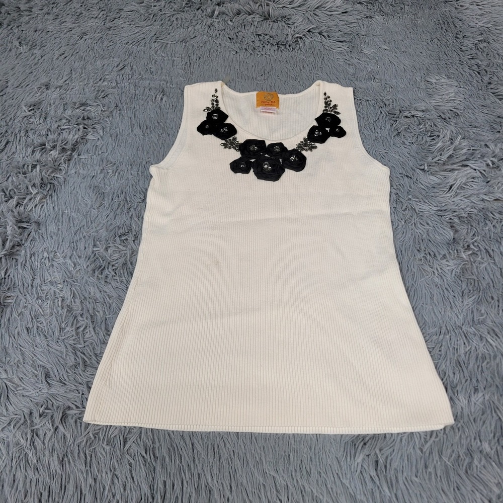 Ruby Rd Top Womens Petite XL Ivory Black Rose Detail Tank Scoop Neck Casual‎